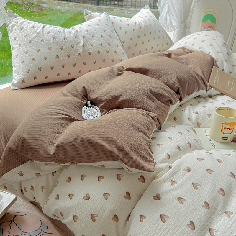 Class A small fresh color Zhu cotton four-piece set double-layer yarn small floral small Zhu cotton bed sheet quilt cover three-piece set bed hat