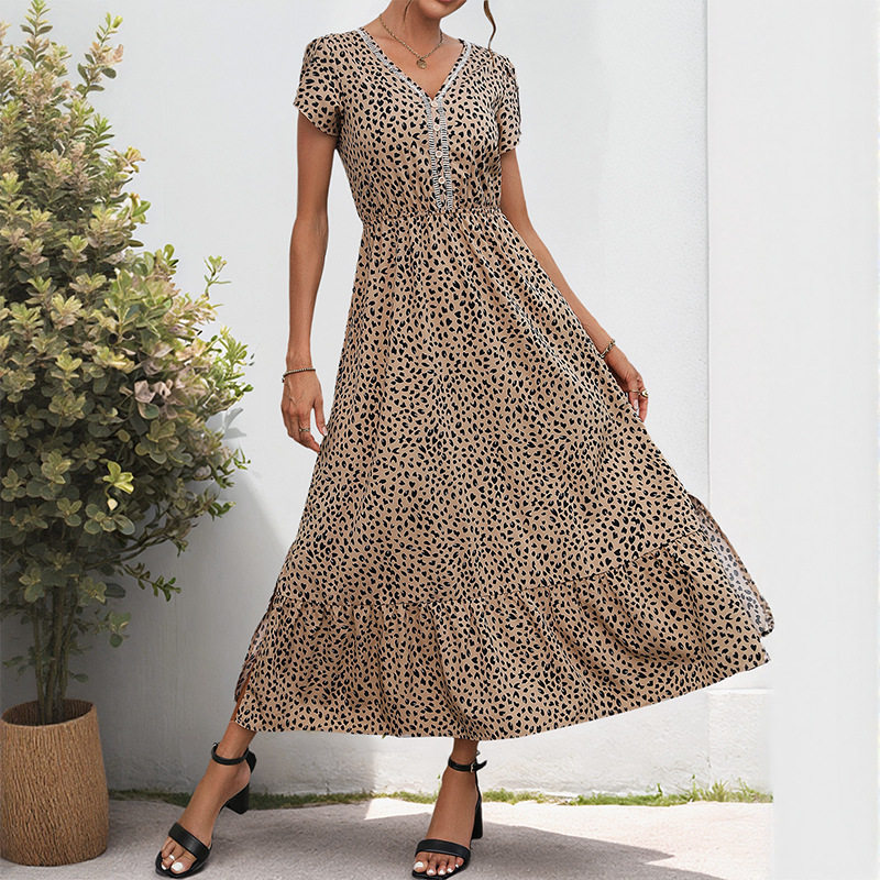 Elegant Leopard Print Maxi Dress with Lace Trim V Neck Flowy Silhouette Versatile Style Perfect for Parties or Casual