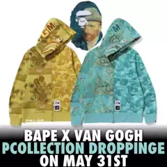 Cross-Border Foreign Trade Wholesale Van Gogh Shark Single Cap Letter Embroidered Ape Hooded Autumn and Winter Casual Sweatshirt Jacket