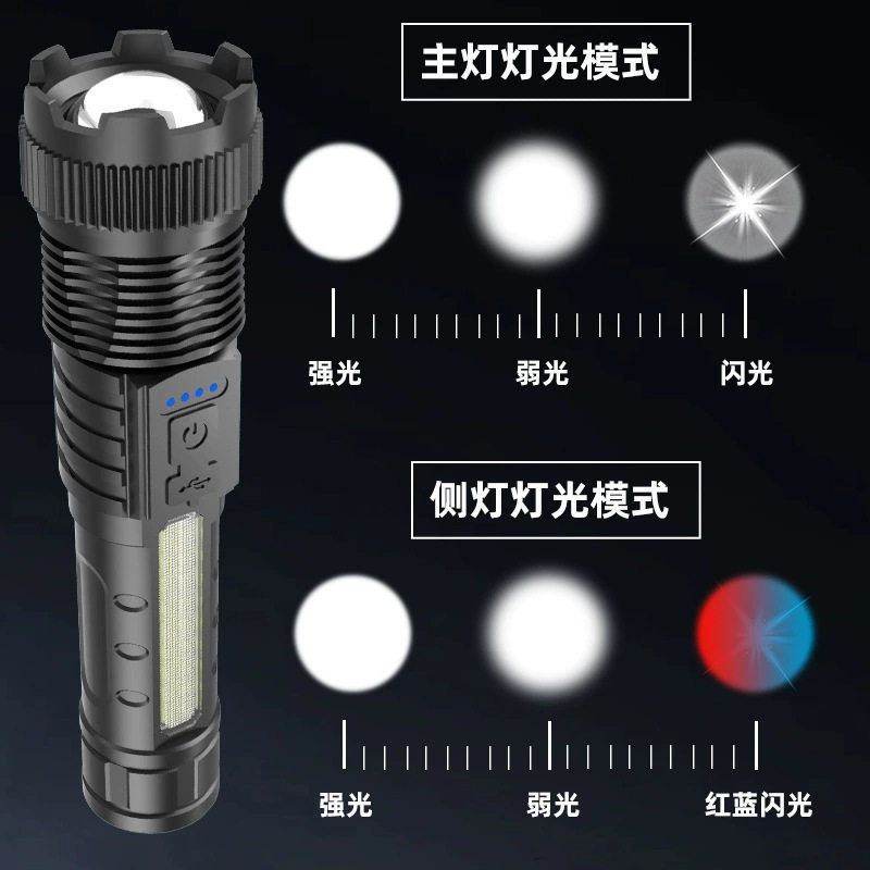 White Laser Highlight Flashlight Rechargeable Red Blue High Power LED Flashlight Side Light Outdoor Lighting Flashlight