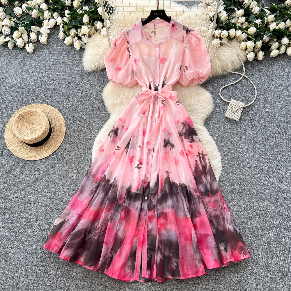 Tie Dye Gradient Print Shirt Dress Summer Style Lantern Sleeves Belted Waist A Line Silhouette Wholesale Available
