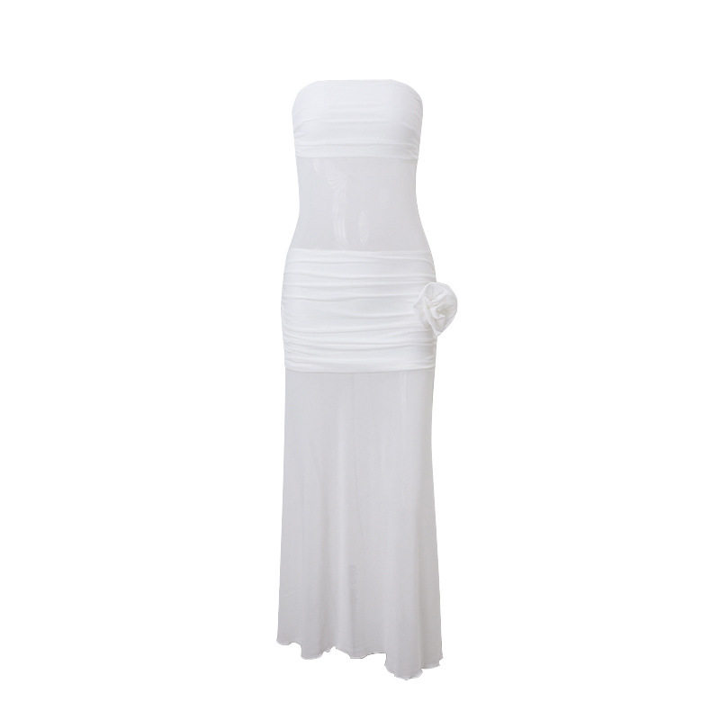 Chic White Mesh Strapless Maxi Dress Elegant Fit Soft Fabric Beach Vacation Style Available for Wholesale