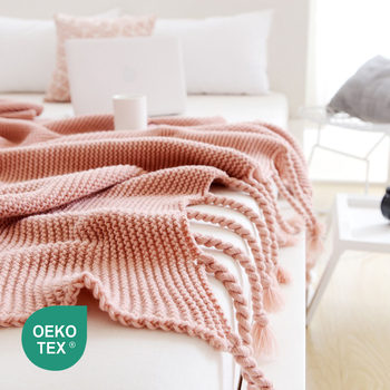 Sofa Nap Blanket with Tassel Knitted Blanket White Pink Knitted Throw Blanket Casual Blanket Photo Props