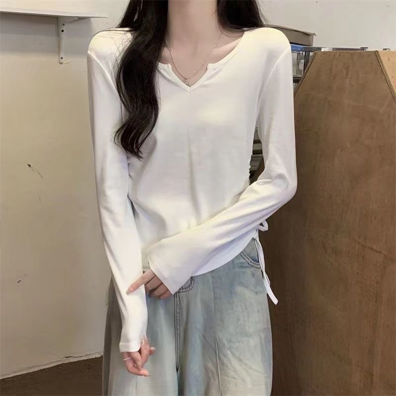 Womens Long Sleeve T Shirt V Neck Drawstring Versatile Chic Design Casual Layering Top for Spring and Autumn