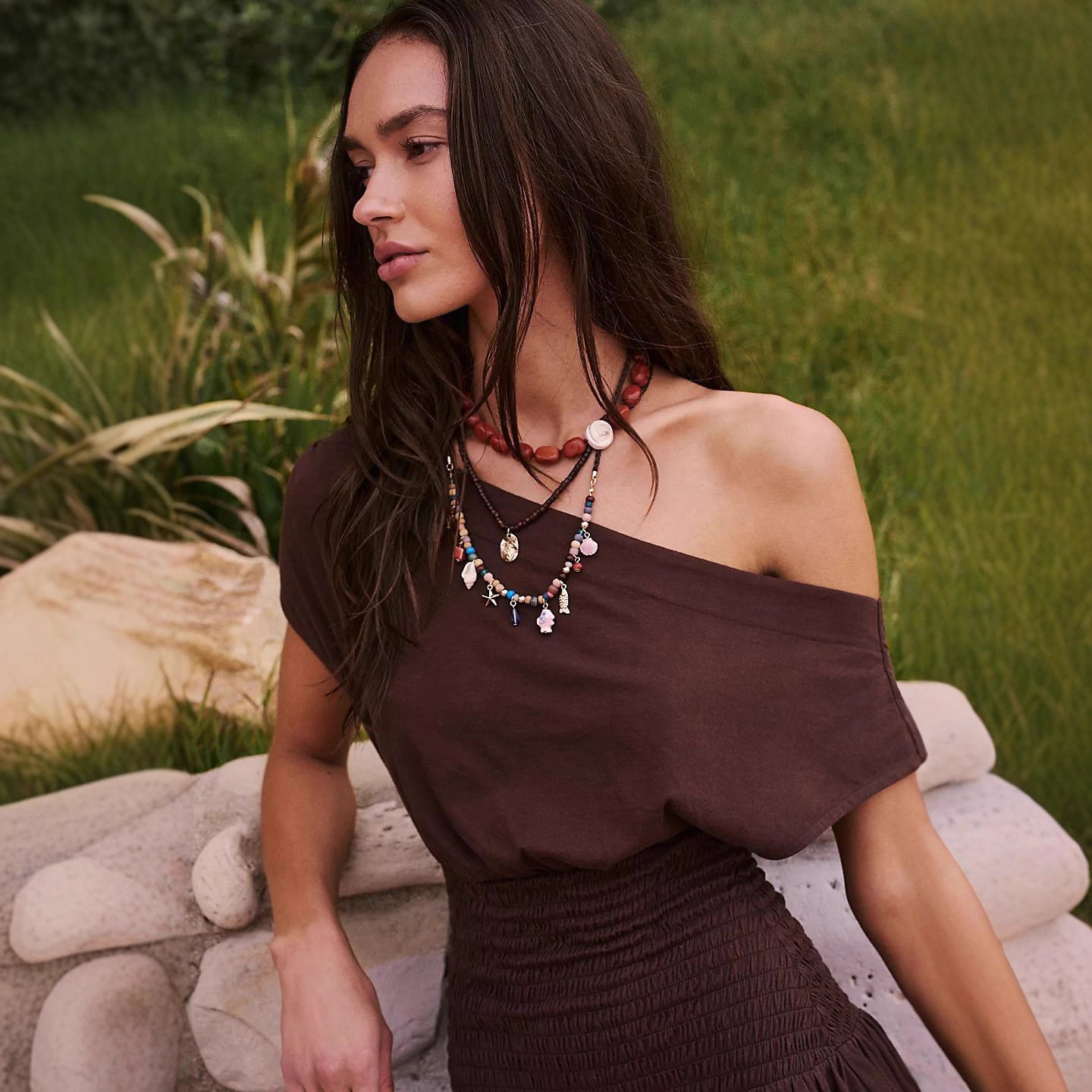 Elegant Solid Color Asymmetrical Shoulder Dress Elastic Waist Short Skirt Autumn Style Wholesale Available