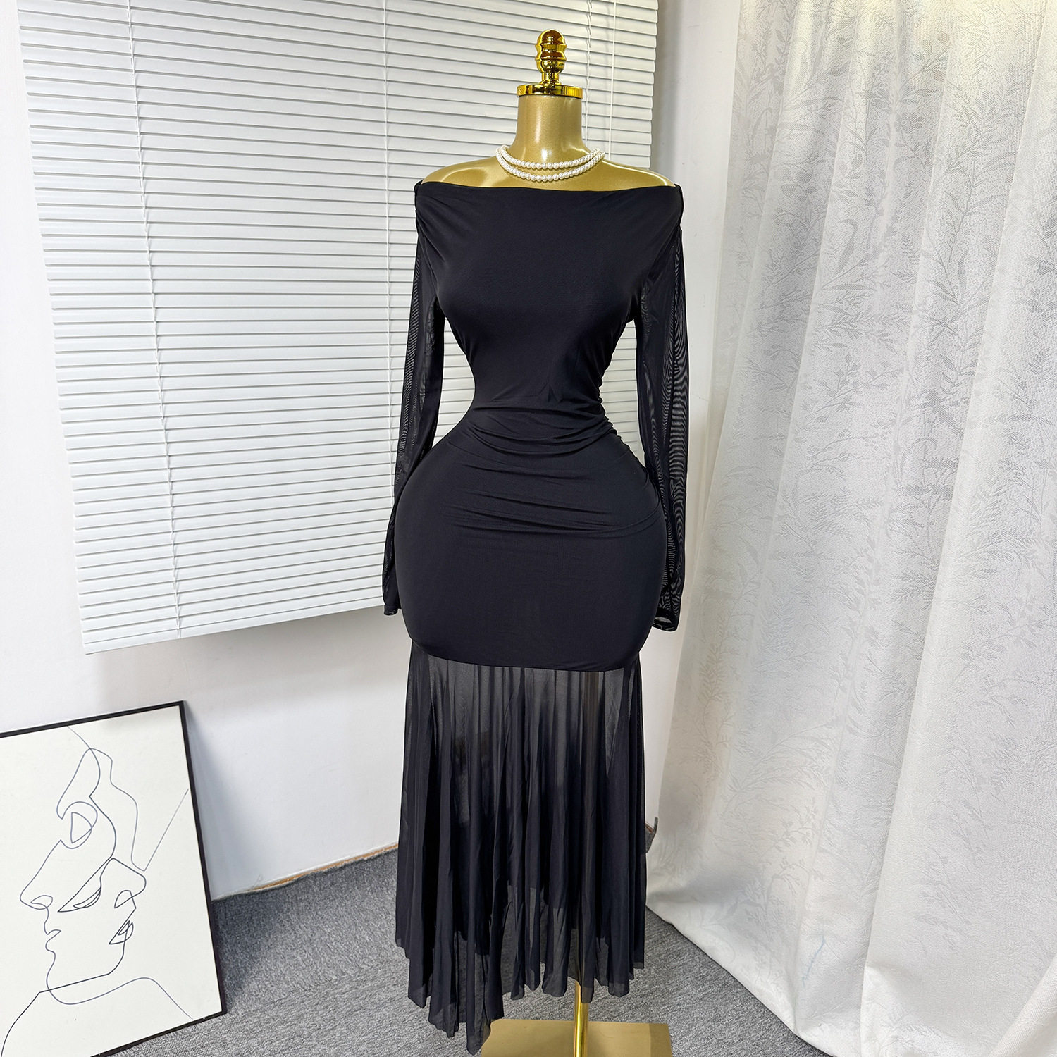 Elegant Burgundy Long Sleeve Dress Slim Fit High Waist A Line Silhouette French Style for Formal Occasions