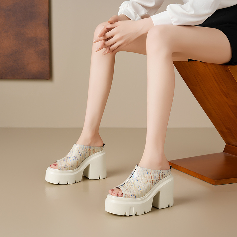 Giày Dép Lê Nữ Chất Liệu Da Bò Cao 12cm Tăng Chiều Cao Miệng Cá