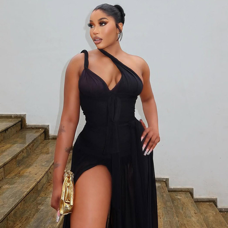 Fashionable Womens Bodycon Dress Solid Color Asymmetrical Hem Side Slit Off Shoulder Sexy Backless Evening Wear