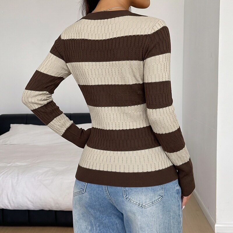 Knit Sweater for Women Slim Fit Long Sleeve Striped Design Casual Wear Korean Style Wholesale Available