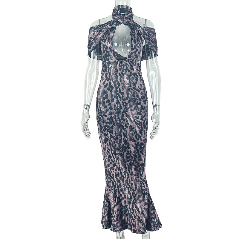 Leopard Print Bodycon Midi Dress High Neck Off Shoulder Slim Fit Trendy Street Style Wholesale Available