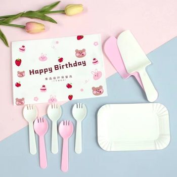 Small Bear Sack Disposable Birthday Cake Tableware Paper Plate Knife and Fork Dish Candle Set Combination Plastic Knife and Fork Spoon and Fork