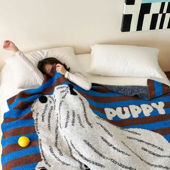 American Blue Striped Puppy Multifunctional Knitted Half Blanket Lunch Break Blanket Throw Blanket Thickened Blanket Bedroom