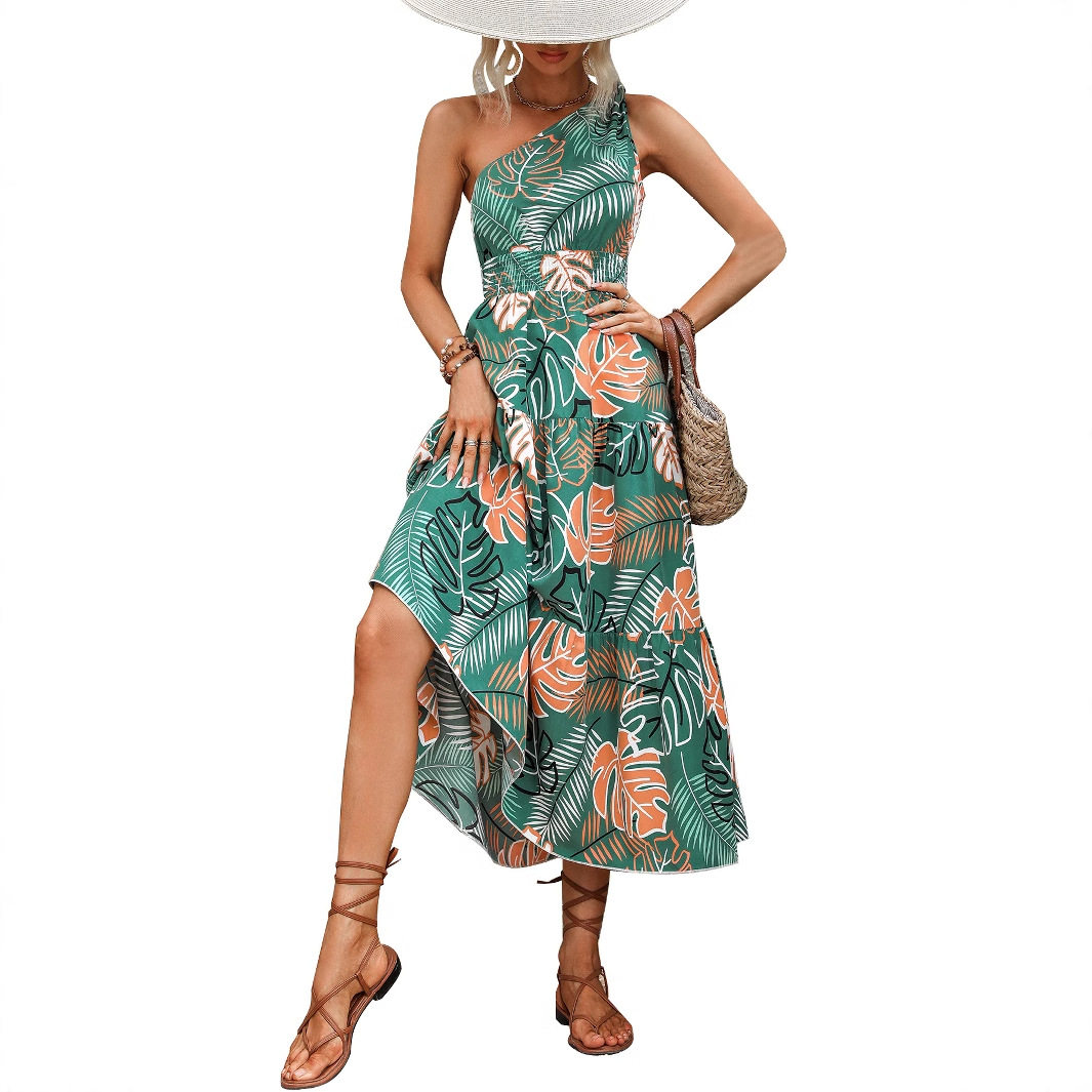 Fashionable One Shoulder Printed Dress Elegant Design Trendy Style Comfortable Fabric Perfect for Parties and Events