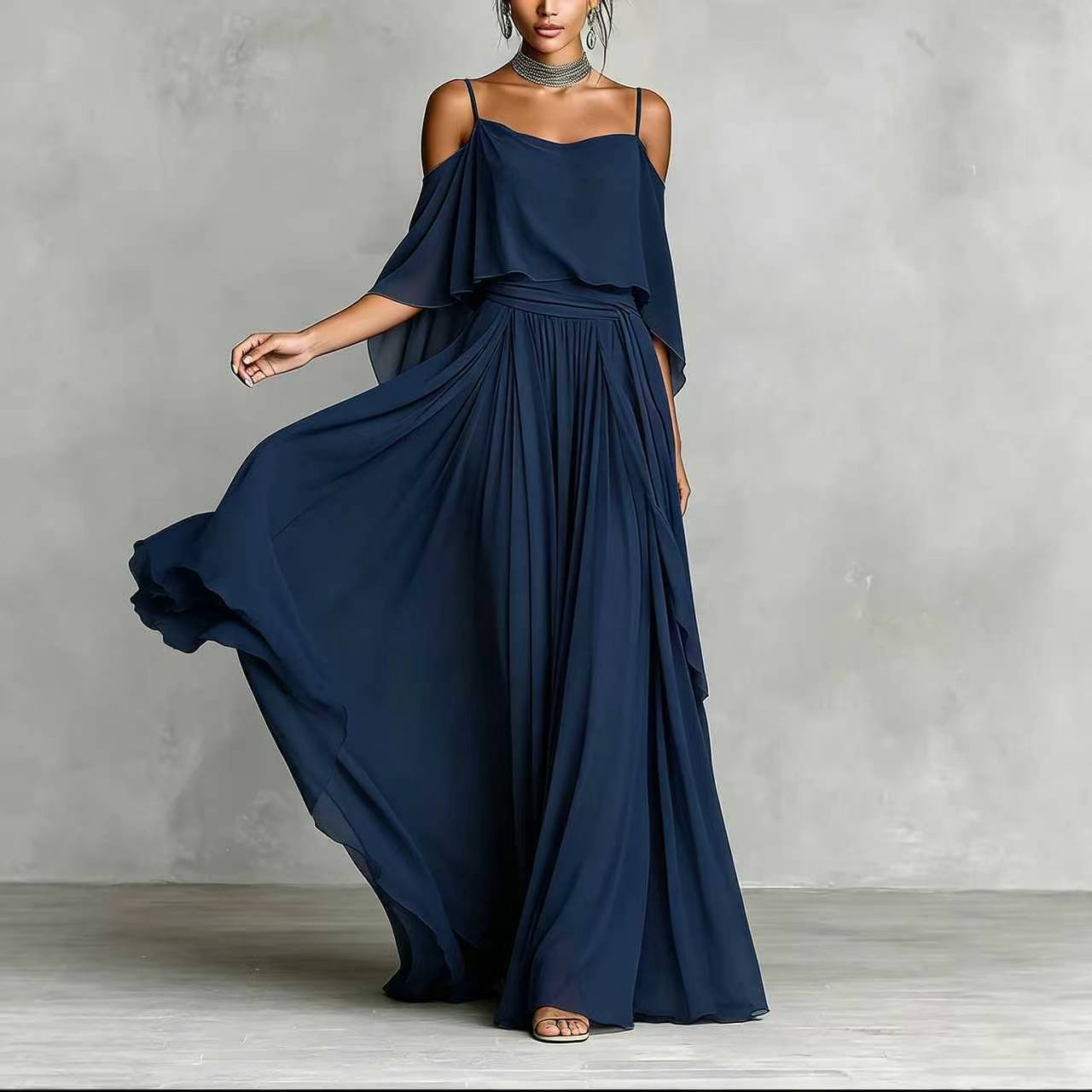 Elegant Womens Maxi Dress Lightweight Solid Color Pleated Design Mesh Details Summer Occasion Wholesale Available