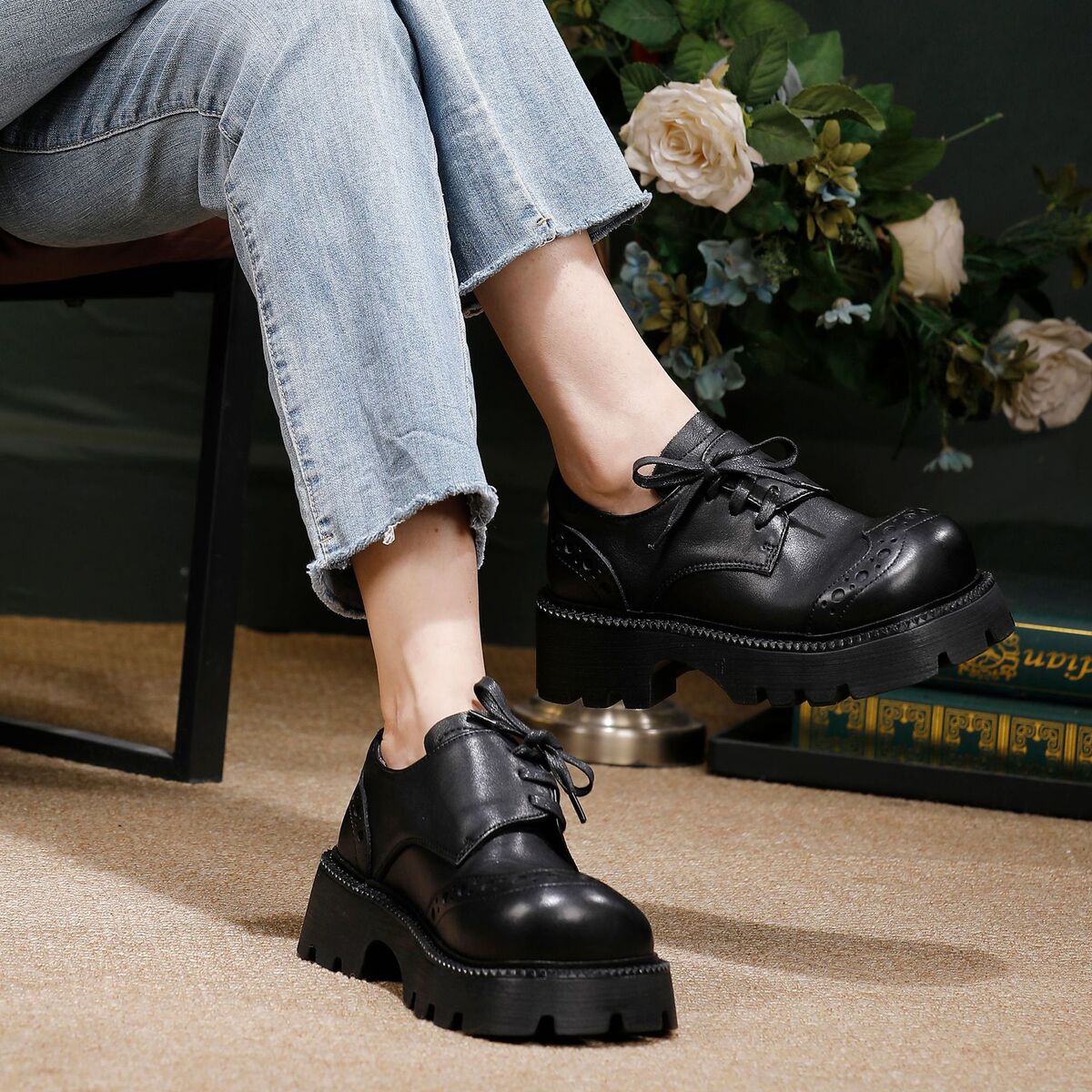 Giày boot nữ cổ thấp da bò thật thủ công mũi tròn gót vuông — Màu cà phê, màu đen