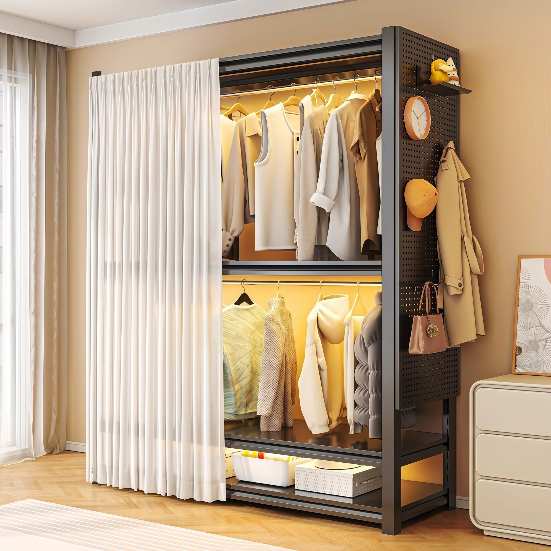 Shelf-Type Wardrobe Simple Assembly Perforated Board Coat Rack Bedroom Rental House Clothes Rack Steel Clothes Storage Rack