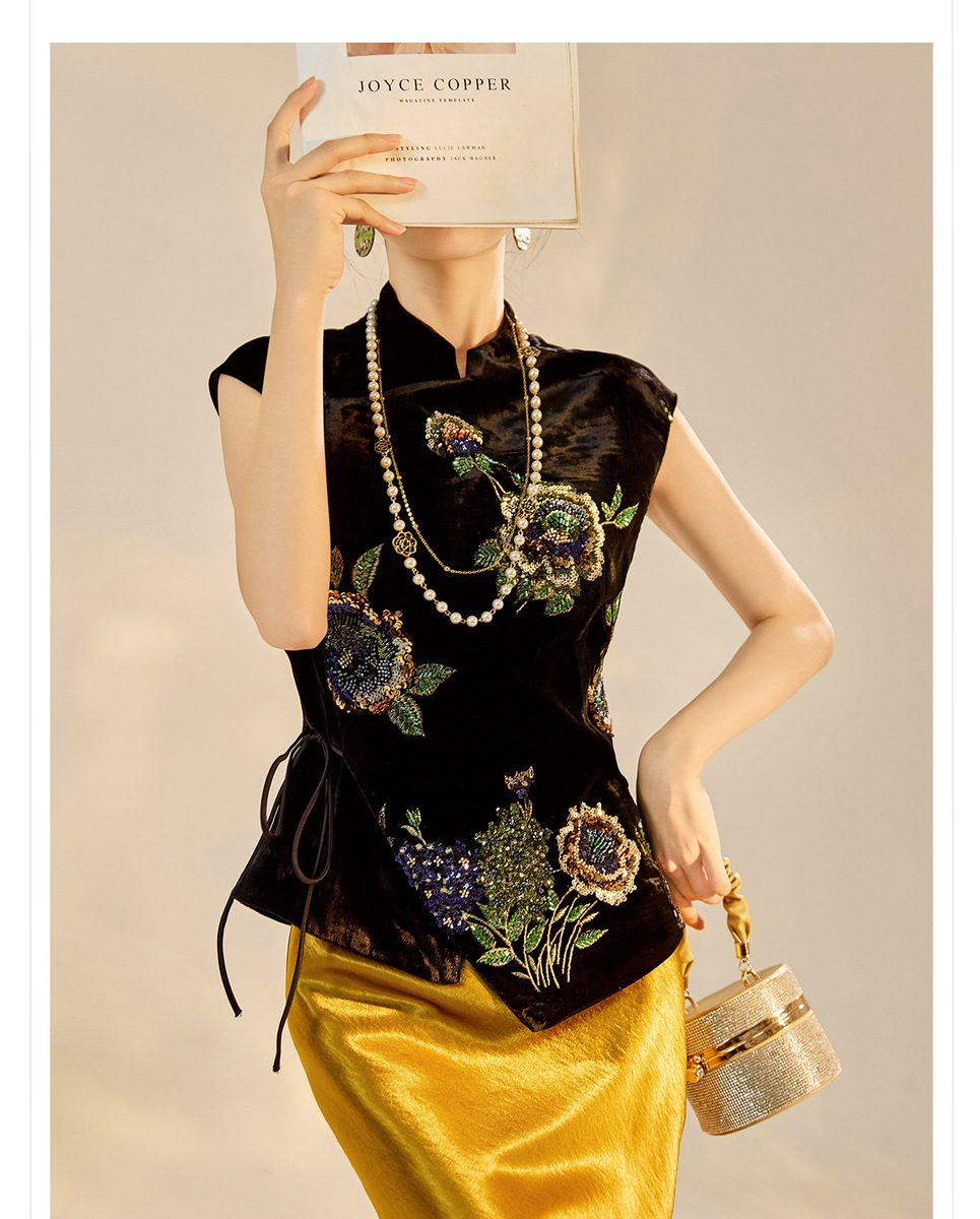 Áo vest nữ dáng gile thêu sequin chất liệu tơ tằm phối polyester — Áo Vest Vàng Đen (Giao Hàng Ngay), Áo Vest Vàng Đen (Giao Hàng Trong 7 Ngày)