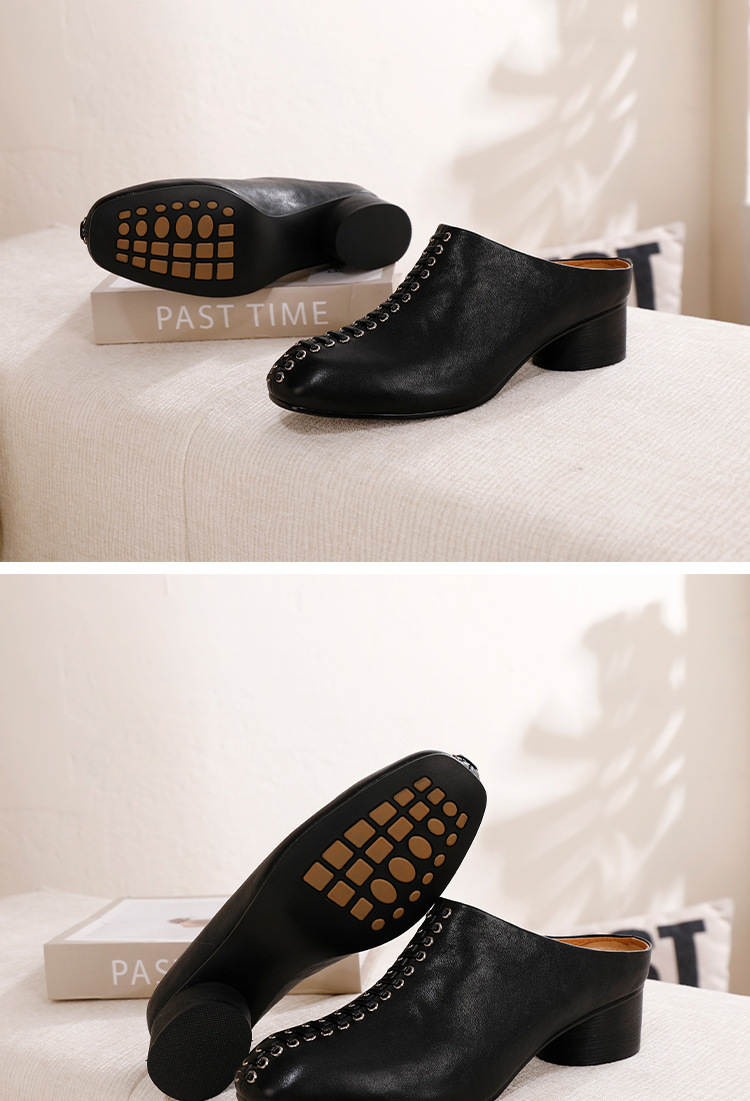 Sandal nữ gót thô bọc mũi da bò thật đế êm phong cách cổ điển — màu đen