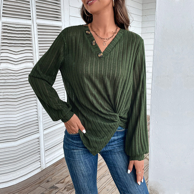 Womens Green V Neck Top Autumn Style Split Design Casual Wear Wholesale Available factory direct