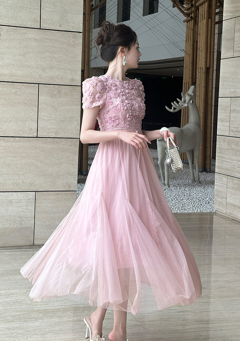 Đầm suông nữ tay ngắn cổ tròn chất liệu lưới voan phối ren nổi 3D — [Hồng], [Mơ] chi tiết 16