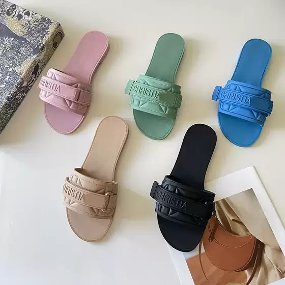 D Brand Women's Slippers with Letter Velcro, Suitable for Outdoor Wear, Beach, Flat, Casual, Comfortable and Breathable