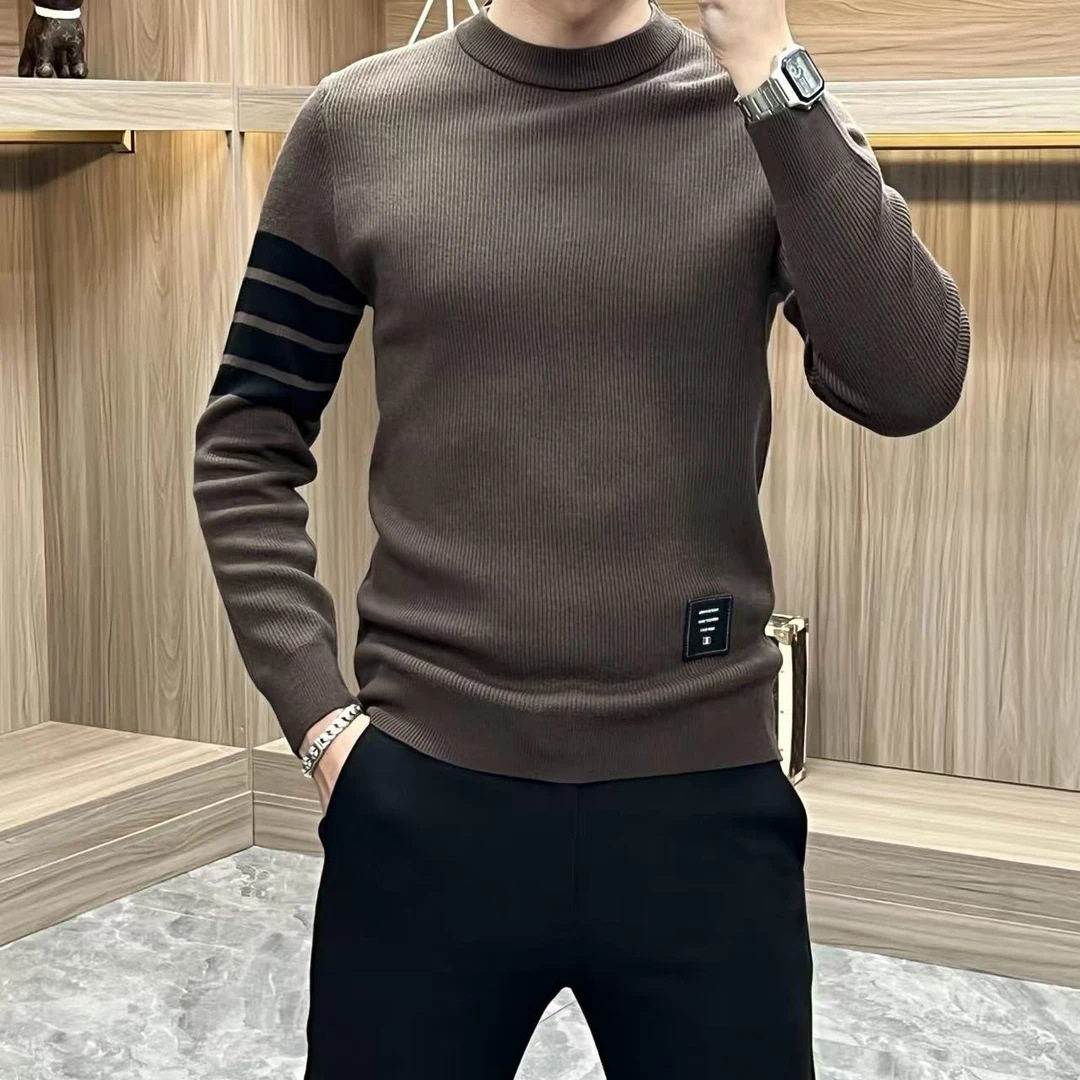 秋冬新款男士轻奢长袖针织衫休闲时尚圆领百搭修身潮流打底衫毛衣