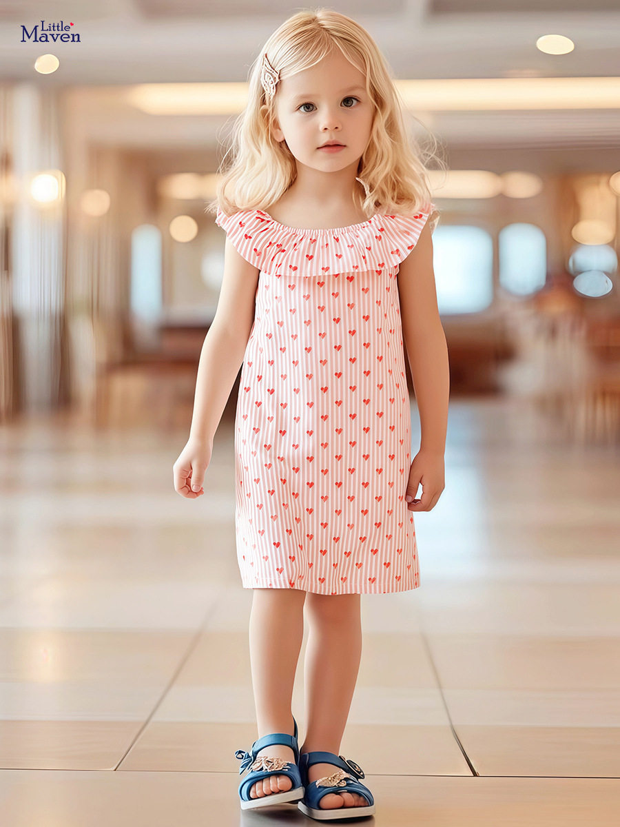 Girls' Cotton Striped Dress, Summer Short-Sleeve Cute Princess Dress