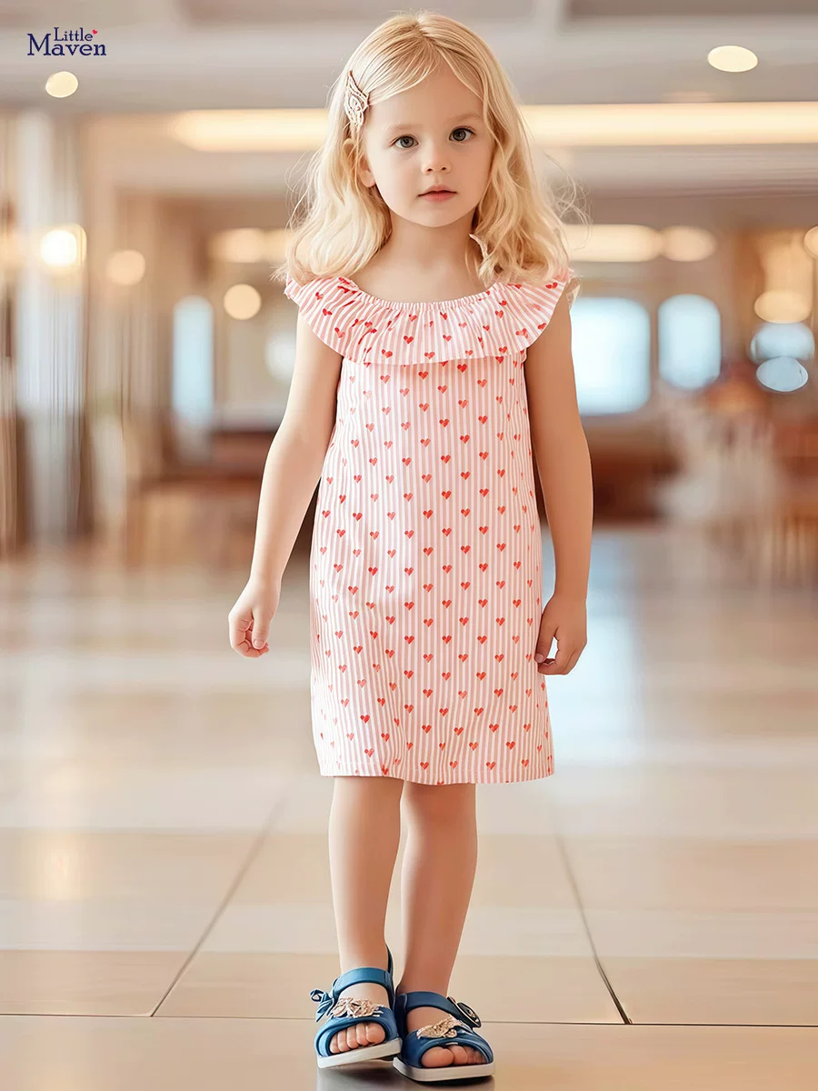 Girls' Cotton Striped Dress, Summer Short-Sleeve Cute Princess Dress