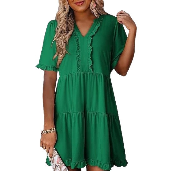 Loose Fit V Neck Short Sleeve Dress Solid Color Ruffle Hem Spring Summer Style Wholesale Available