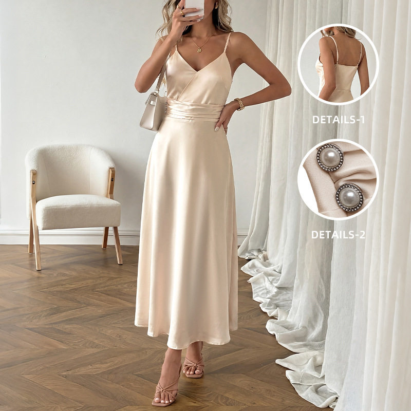 Champagne Satin V Neck Slip Dress Minimalist Elegant Design Perfect for Parties and Special Occasions Wholesale