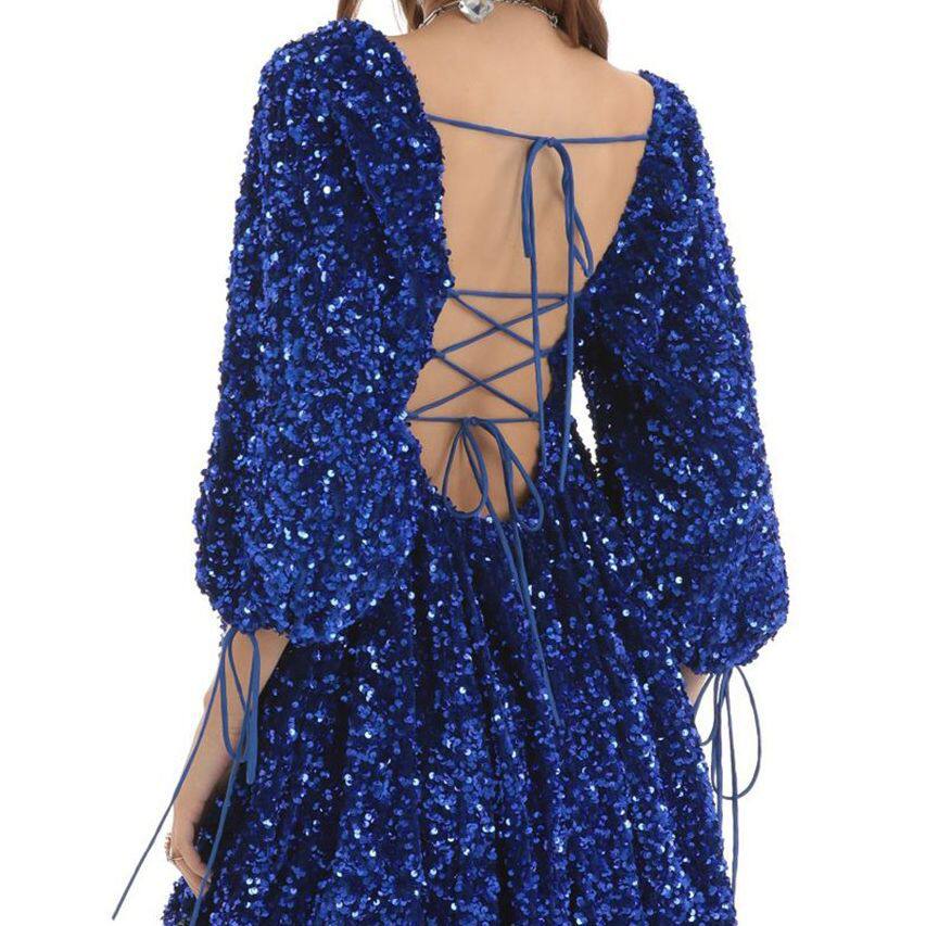 Plus Size Loose Sequin Mini Skirt Dress Short Sleeve Square Neck Solid Color Flared Hem Summer Casual Wear