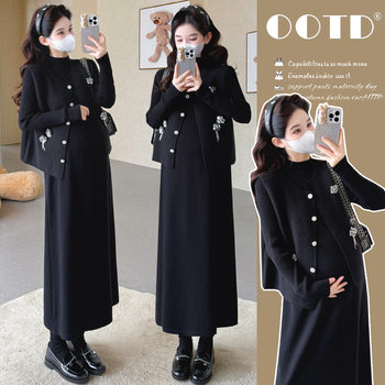 Maternity Autumn and Winter Dress 2025 New Thickeneded Small Fragrant Vest Knitted Bottoming Long Skirt High-End Two-Piece Set