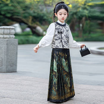 Girls' Horse-faced Skirt Improved Ming Style National Style suit New Chinese Style High-end Style Girls' Hanfu Tang Suit Woven Gold Skirt
