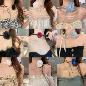 Super Immortal Temperament Pure Desire Mesh Rose Flower Strap Collar Sweet Gentle Personality Choker Women's Necklace Maillard