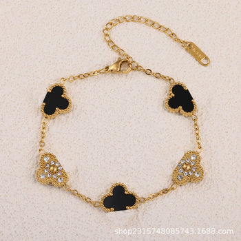 High Version 13mm Diamond-Encrusted Four-Leaf Clover Bracelet for Women, Mother-Of-Pearl, Accessible Luxury, Versatile Titanium Steel, Non-Fading Hand Jewelry, Color-Preserving