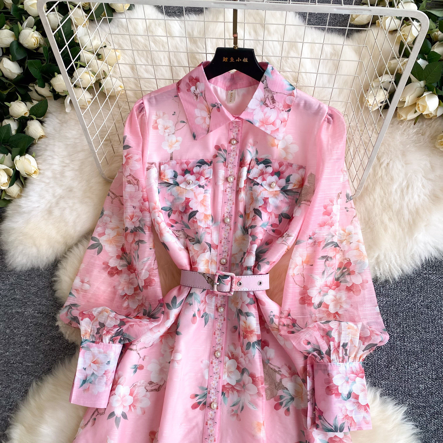 French Floral Print Long Sleeve A Line Dress Slim Fit Hollow Out Tie Waist Elegant Style Perfect for Office Wear