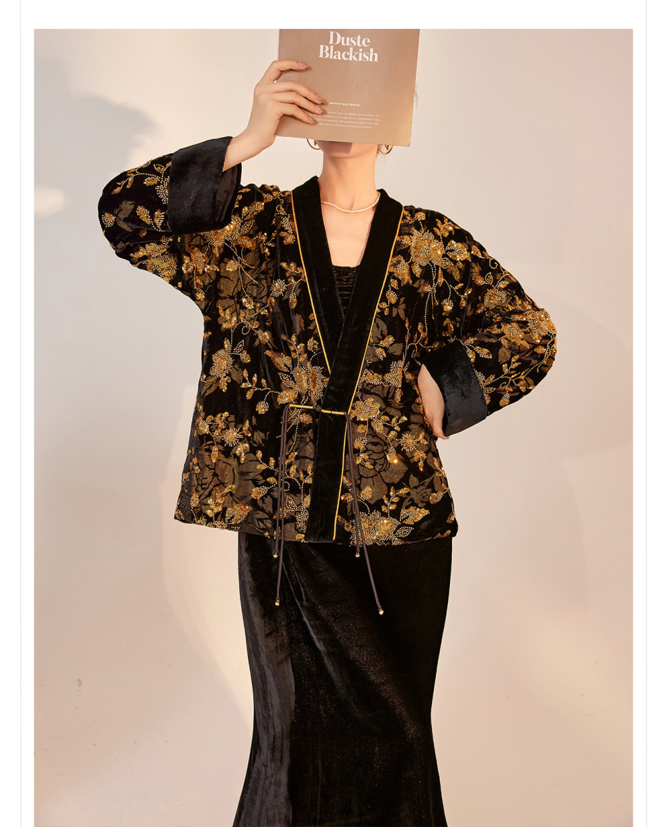 Áo cardigan nữ cổ chữ V dài tay thêu hoa đính cườm chất lụa tơ tằm cao cấp — Obsidian Black (Giao hàng trong 7 ngày)