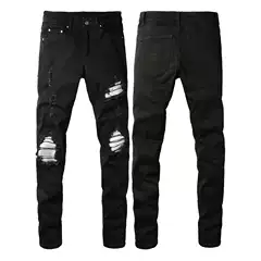 Trendy High Street Men's Slim-Fit American-Style Ripped Silver Patch Men's Jeans European and American Style Men's Skinny Pants