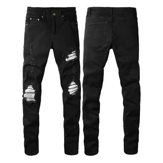 Trendy High Street Men's Slim-Fit American-Style Ripped Silver Patch Men's Jeans European and American Style Men's Skinny Pants