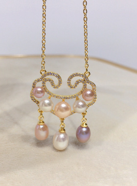 珍珠天然淡水珍珠吊坠糖果色平安长命锁珍珠项链礼物