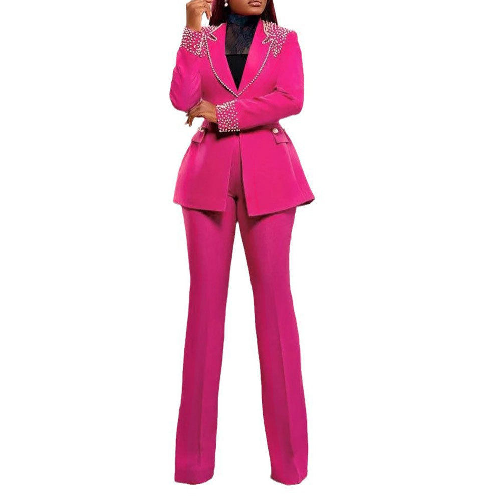 K3332 European and American Pearl Long-Sleeved Slim Stretch Suit Two-Piece Set