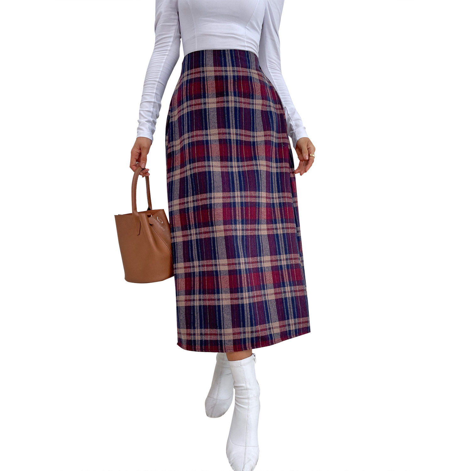 Plaid A Line Skirt Slim Fit Wool Blend Stylish Design Spring Fall Fashion for Women Wholesale Available