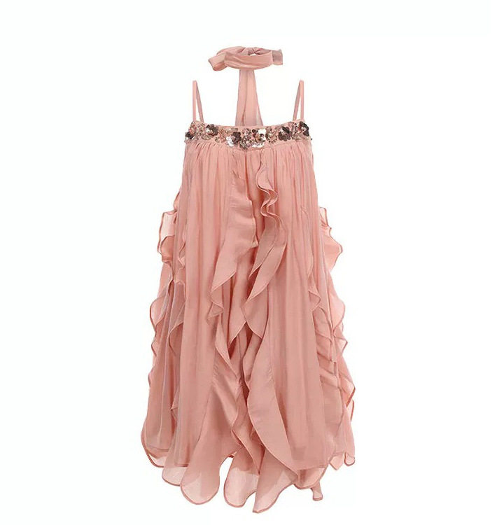 Đầm maxi nữ thắt eo phong cách Pháp cổ điển, tay loe, cổ tròn, chất liệu polyester mềm mại — Hồng, Vàng chi tiết 7
