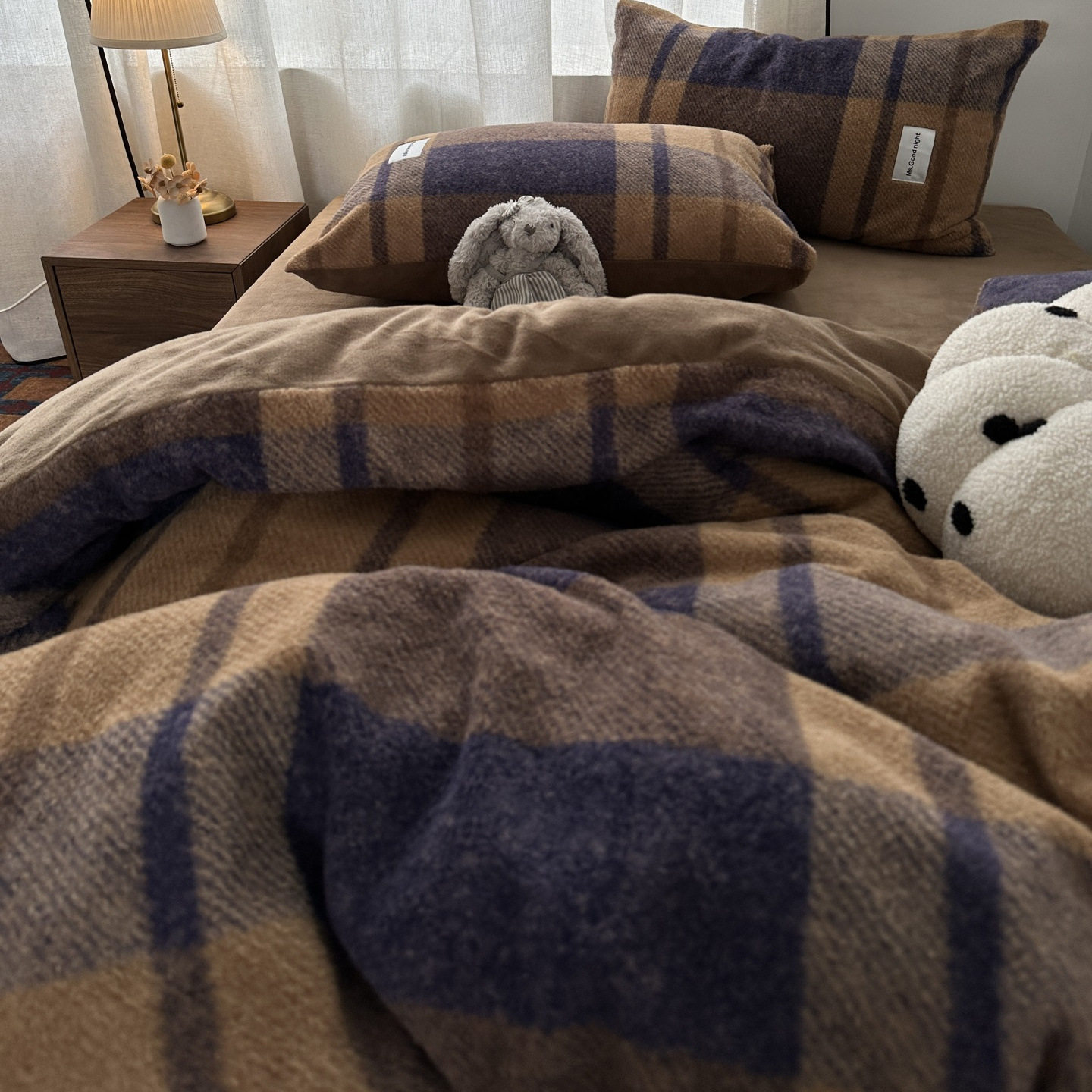 British Style Ins Simple Plaid Imitation Cashmere Warm Milk Velvet Four-Piece Set Winter Coral Velvet Three-Piece Fitted Sheet Set 4