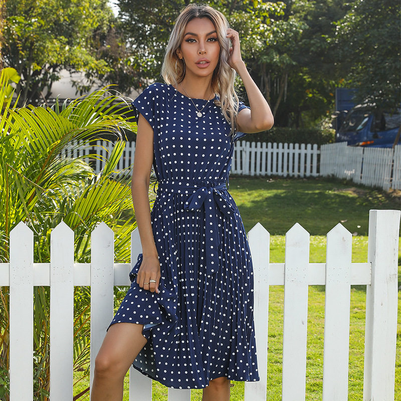Vintage Polka Dot Ruffled Dress Short Sleeve Elegant Design Summer Style Wholesale Available