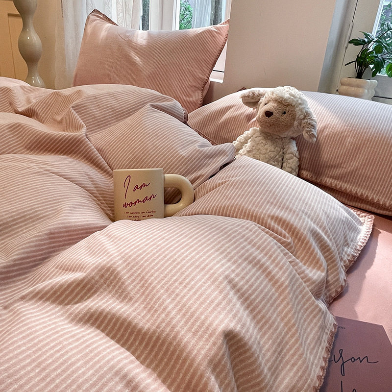 Quality Home Autumn and Winter Thickened Cotton Sanding Shell Edge Four-piece Set Cotton Warm Quilt Cover Bed Bag Bedding