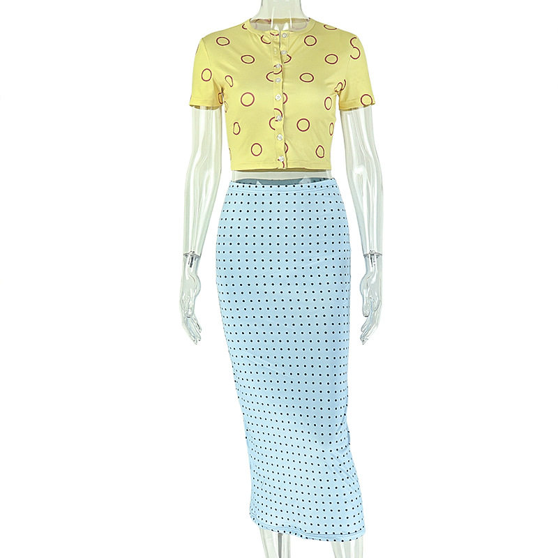 Fashionable Womens Two Piece Set Short Sleeve Top Polka Dot Print Bodycon Skirt Casual Streetwear Wholesale