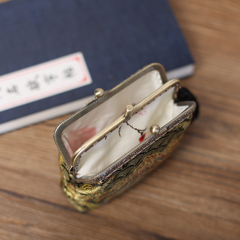 Holiday Gift Retro Chinese Style Women's Silk Brocade Forged Double-Layer Tassel Coin Purse Coin Bag Storage Bag