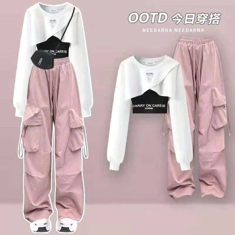 Spring and Autumn Workwear Style Suit for Women, Korean Style Loose Design Sweatshirt + Suspenders + Workwear Wide-Leg Pants Three-Piece Trendy Set