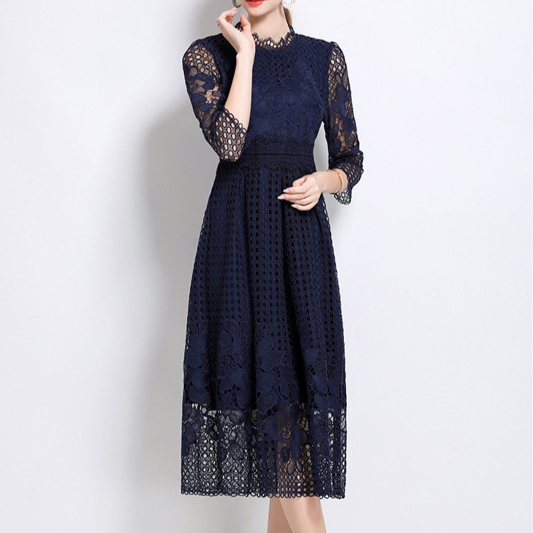 Elegant Mid Length Dress Slimming Hollow Water Soluble Lace Perfect for Formal Events Ready to Ship